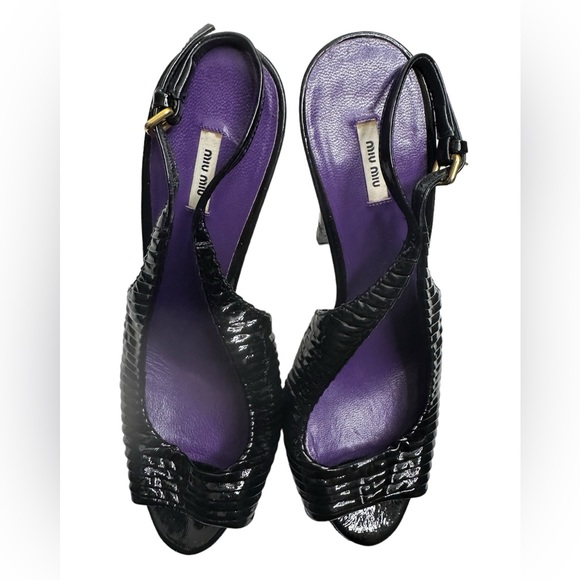 Miu Miu Prada Black Pleated Leather Peep Toe Platform Slingback Heels size37 - Picture 12 of 16